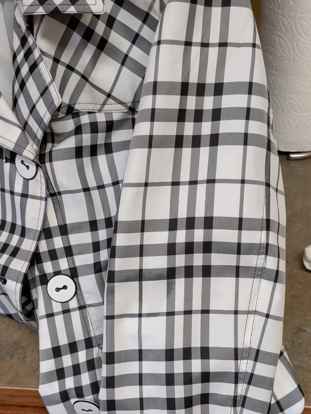 giacca Black & White Plaid Double-Breasted  Trench Style Rain Coat & Windbreaker - Picture 12 of 15